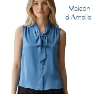 Maison d Amelie Icy Blue Satin Sleeveless Button Down Bow Tie Top NWT Size L